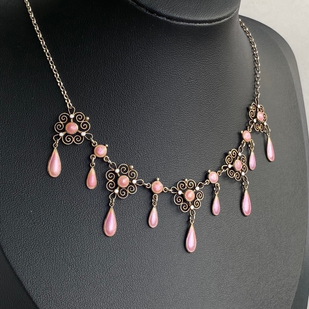 Vintage pink Victorian inspired filagree and enamel necklace with magnet clasp